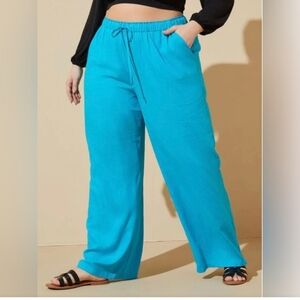 Ashley Stewart Linen Blend Turquoise Wide-Leg Pants
